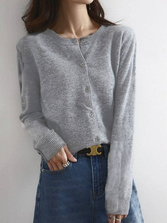 Essential round neck buttoned knit cardigan -Grey / XL