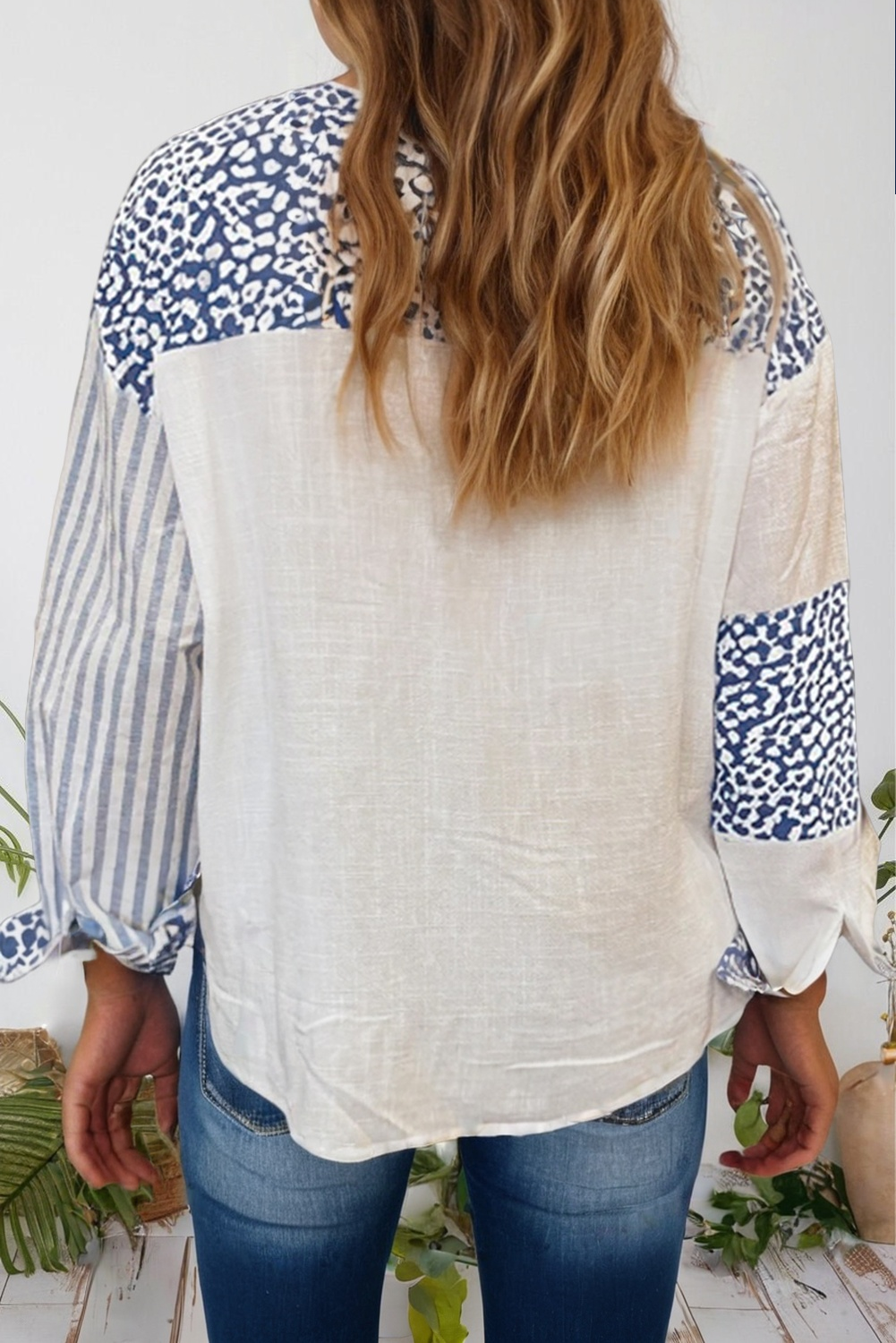 Leopard Striped Western Patchwork Button-up Shirt