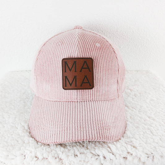 Corduroy Hat With Mama Square Leather Patch: Pink