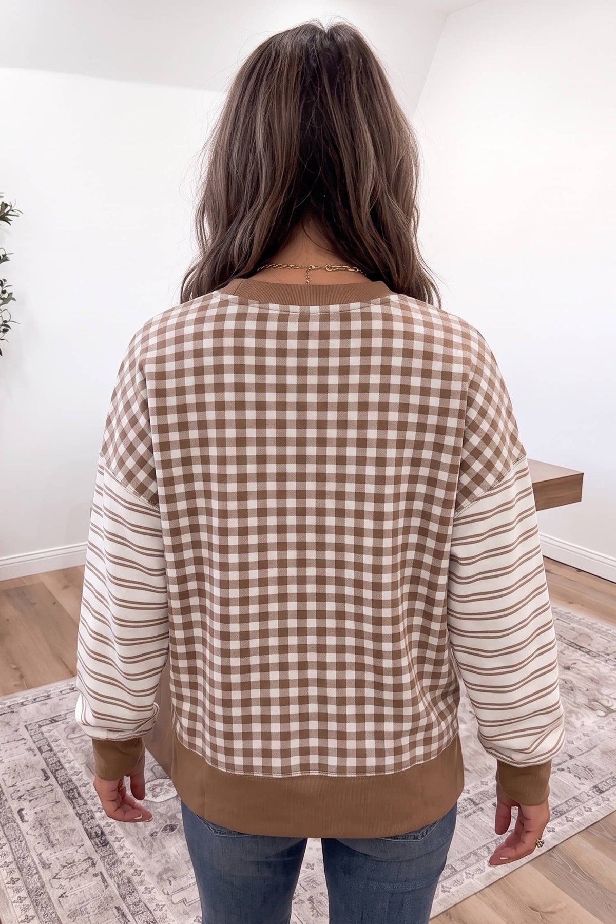 LDC Plaid Striped Patchwork Long Sleeve Casual Top: Brown