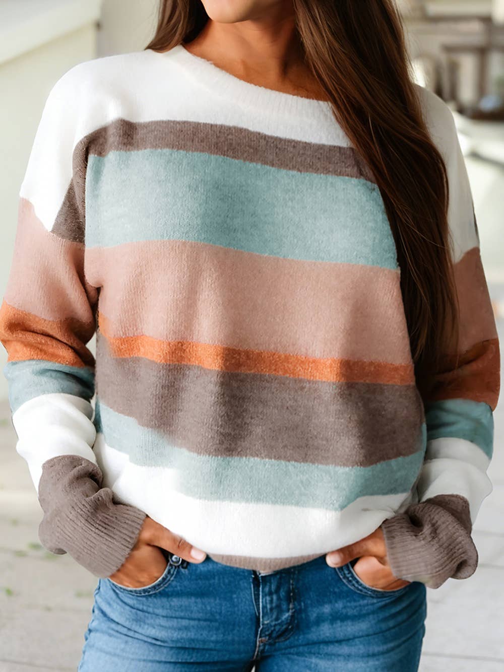 Spring 2026 Striped Color Block Knit Drop Shoulder Sweater