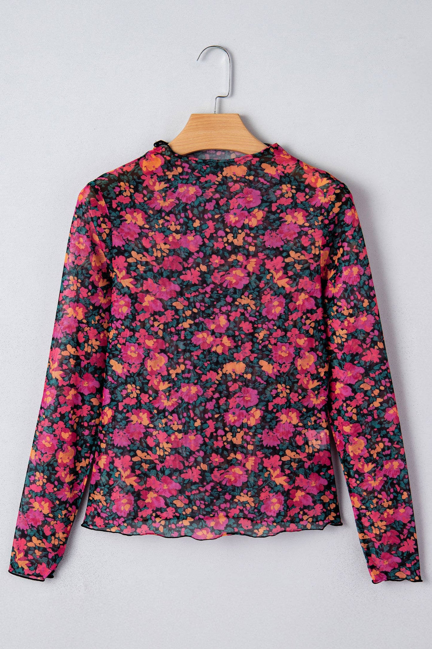 Floral Print Mesh Mock Neck Sheer Slim Fit Blouse (S-4X): Western / XL