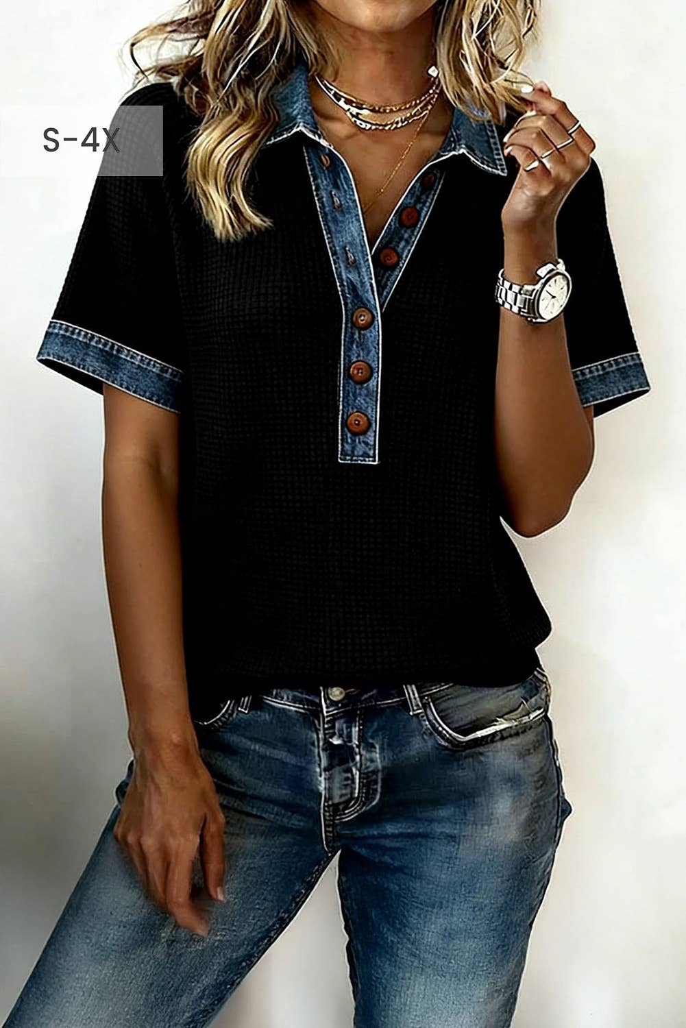 Waffle Knit Denim Patchwork Plus Size Polo Collar Top