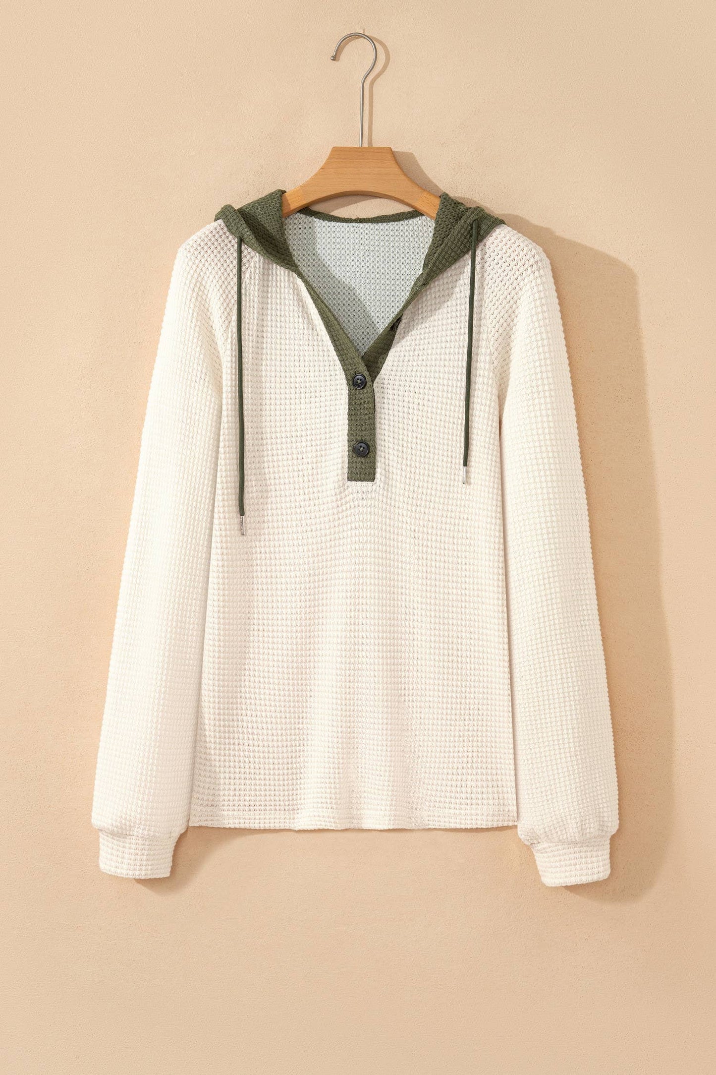 Waffle Contrast Hooded Pullover Top