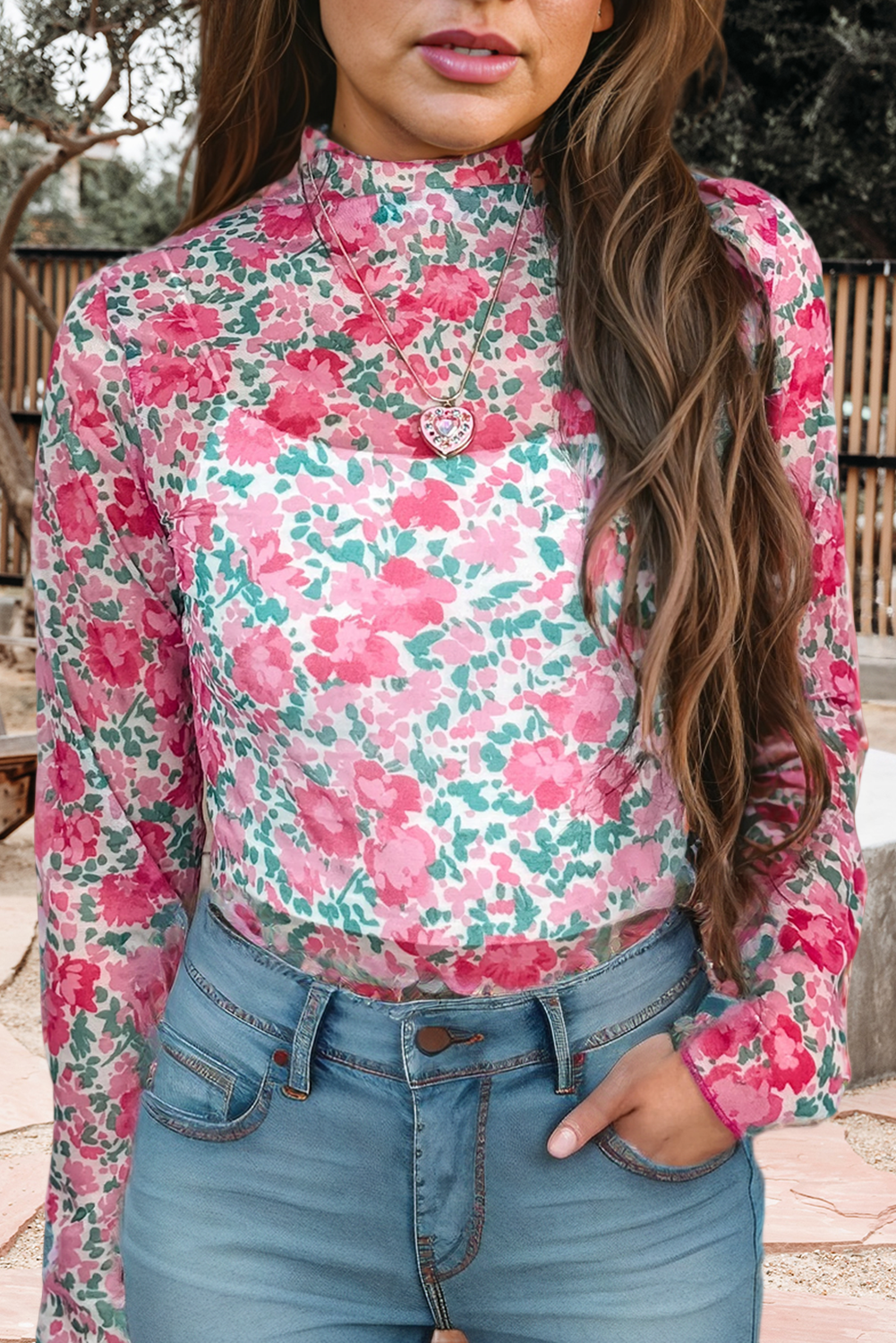 Floral Print Mesh Mock Neck Sheer Slim Fit Blouse (S-4X): Western / M