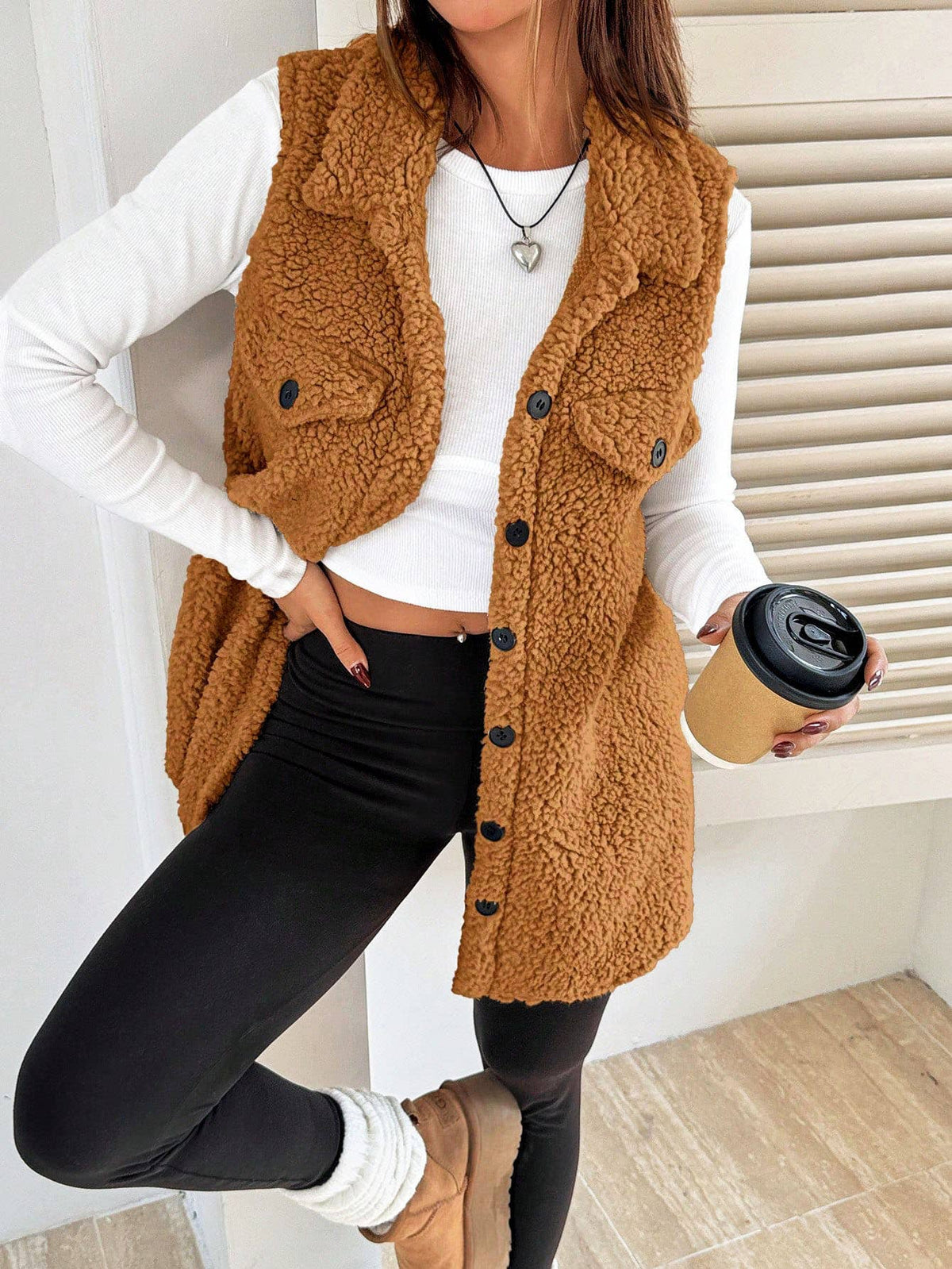 Loose elegant lapel button-down plush waistcoat: BROWN / (XL) 1