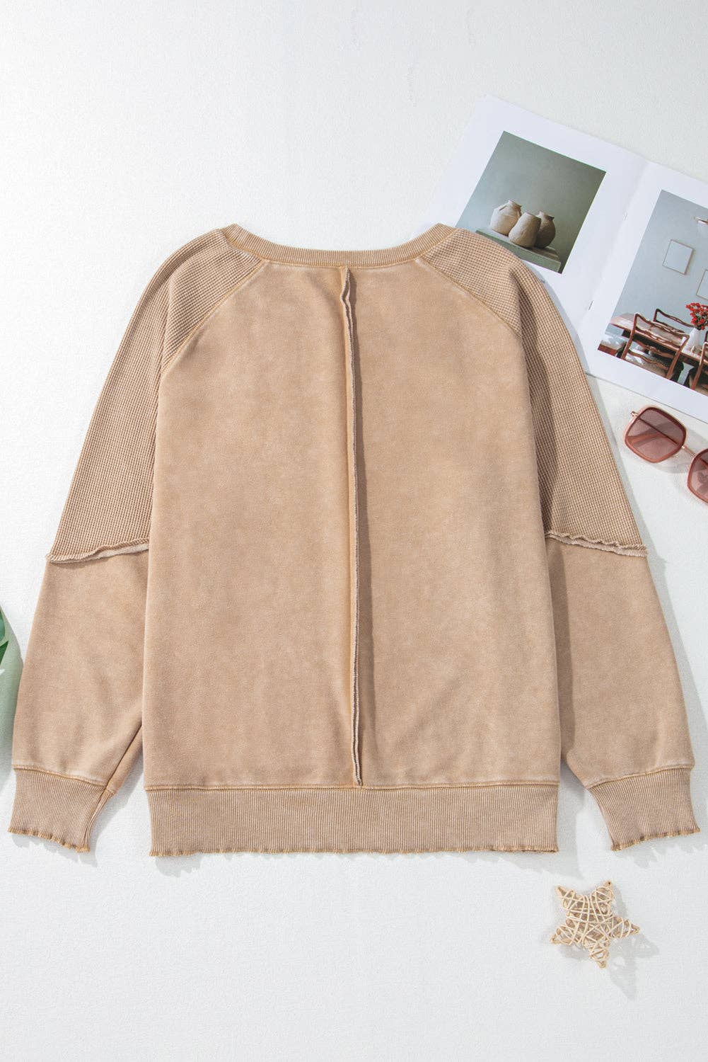 Solid Waffle Knit Patchwork Raglan Sleeve Sweatshirt: Mineral Blue