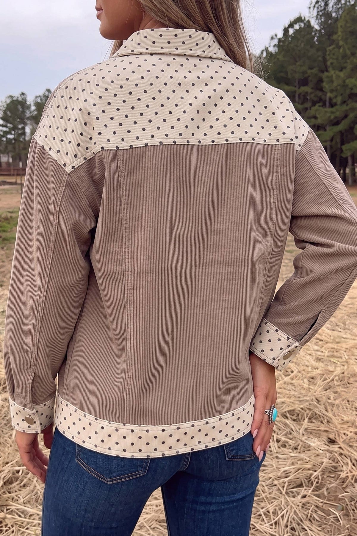 LDC Contrast Polka Dot Patchwork Corduroy Button Shacket