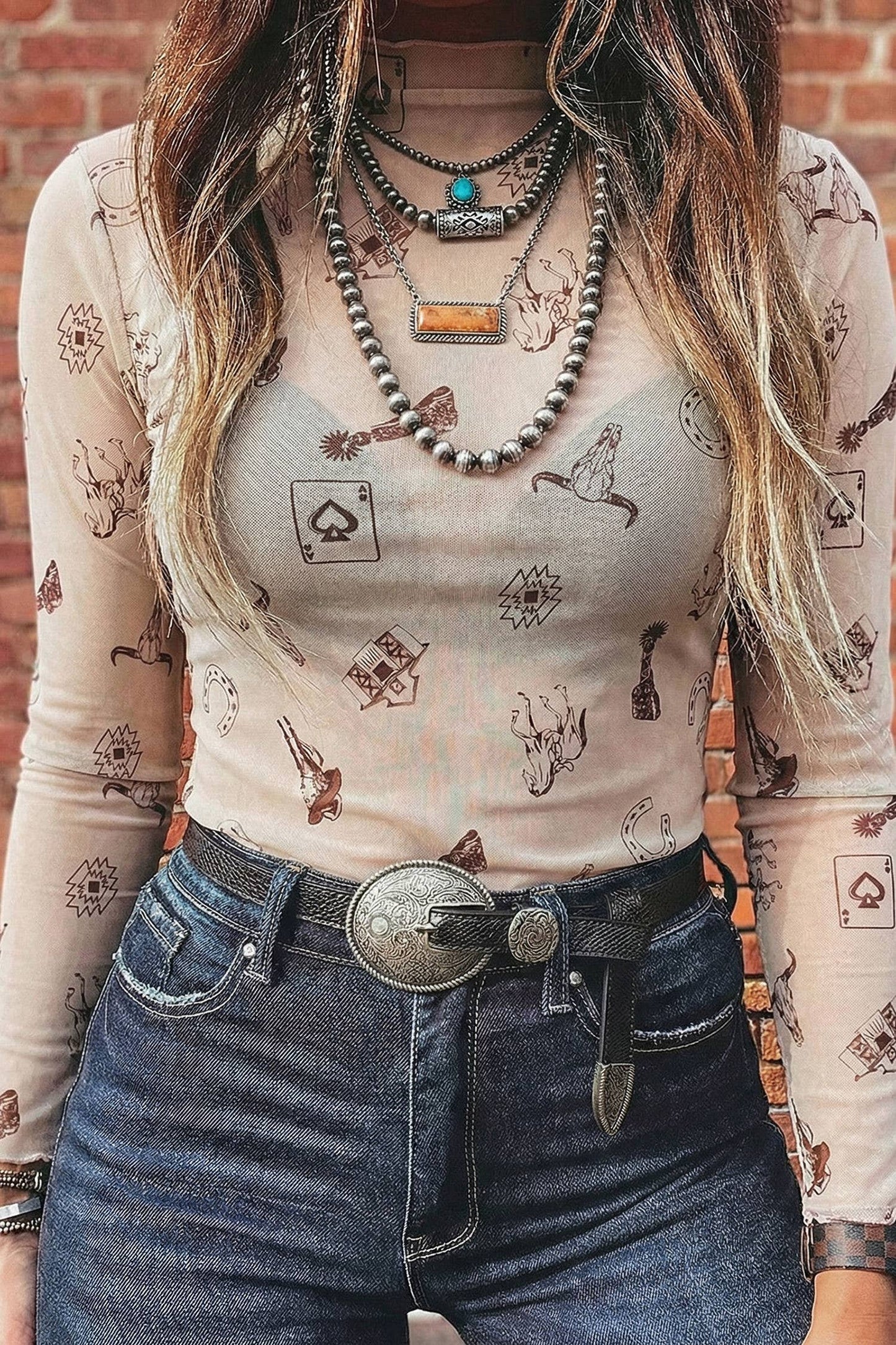 Floral Print Mesh Mock Neck Sheer Slim Fit Blouse (S-4X): Western / M