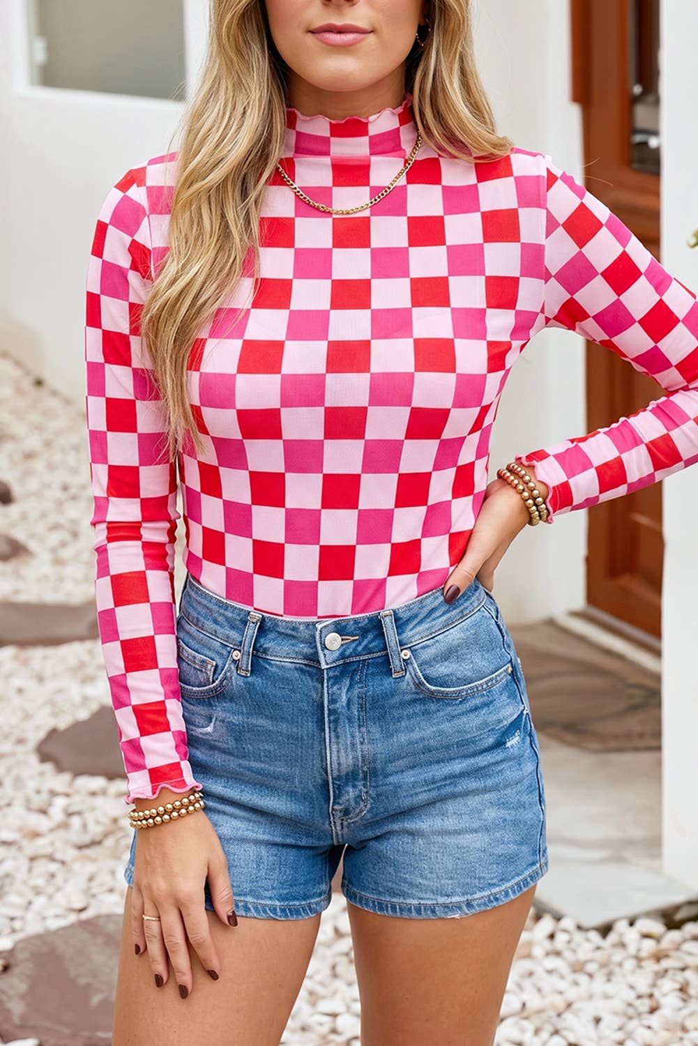 LDC Mesh Sheer Long Sleeve Mock Neck Western Style Blouse: Rose