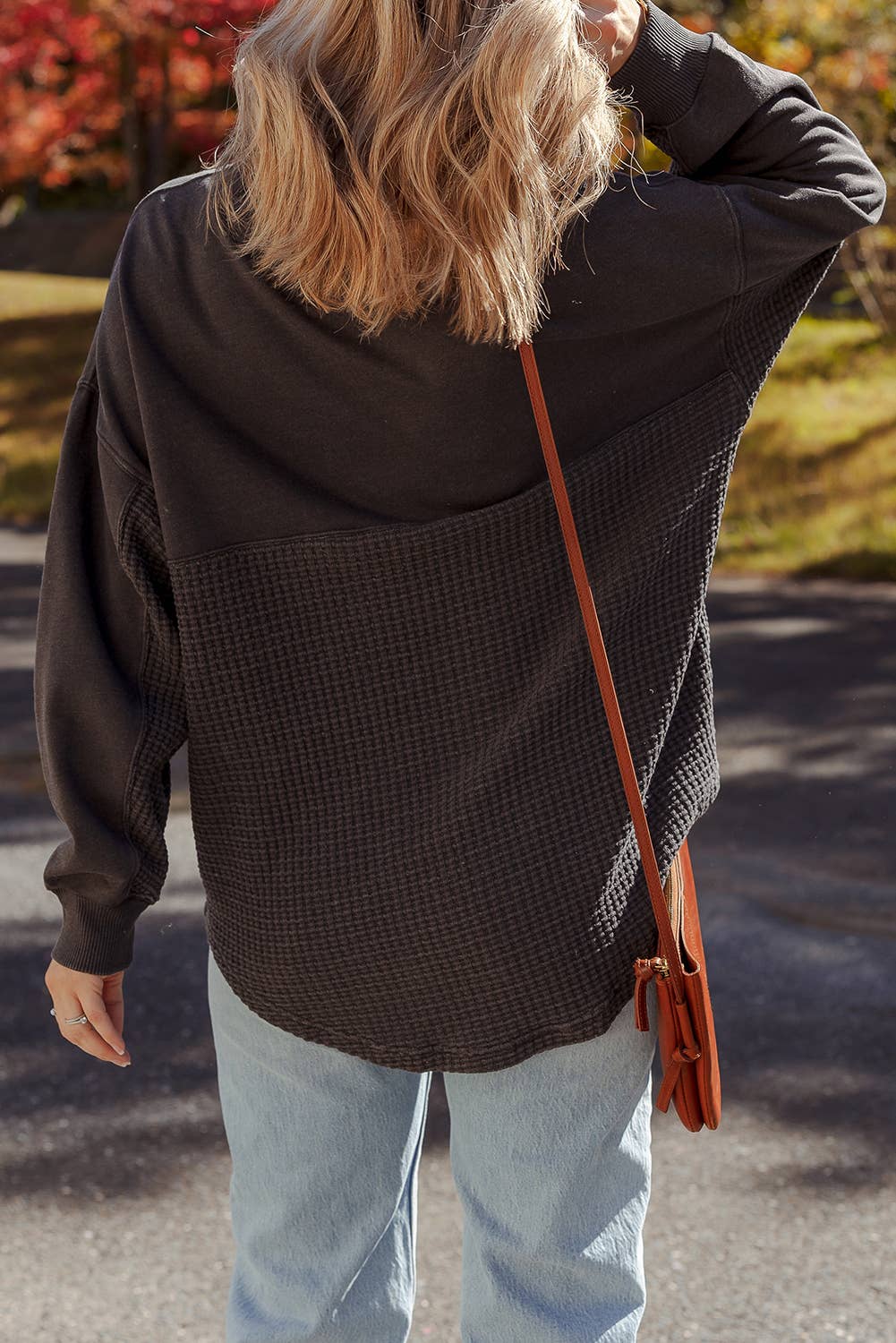 Waffle Textured Patchwork Zip Colloar Sweatshirt
