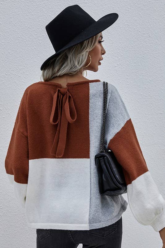CWTTL0405_COLOR BLOCK ROUND NECK SWEATER TOP: Grey / (XL) 1