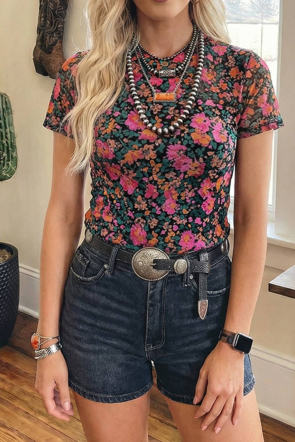 Floral Print Mesh Mock Neck Sheer Slim Fit Blouse (S-4X): Western / L