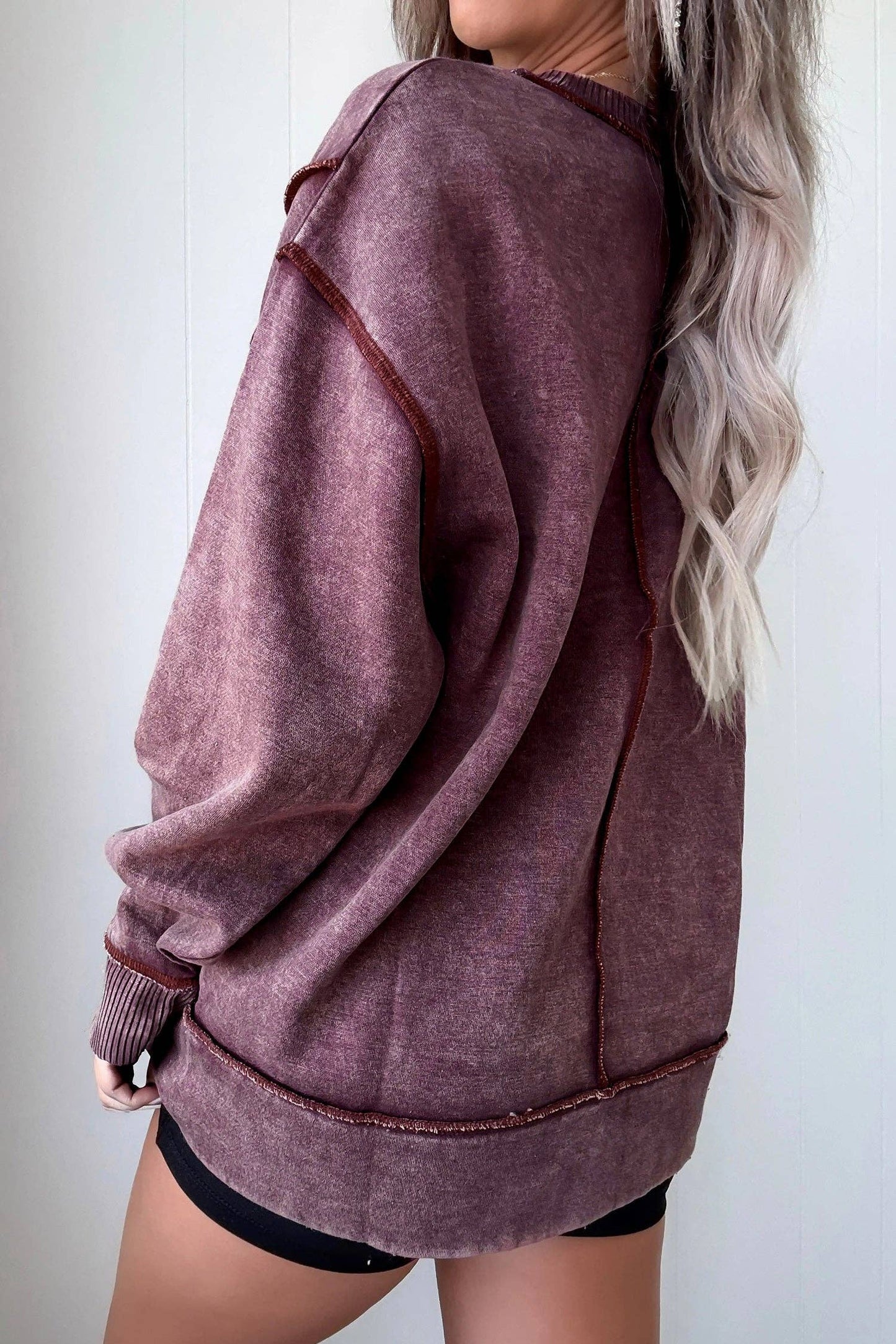 Mineral Wash Exposed Seam Sweatshirt Side Slit Casual Pullover: Red Sandalwood