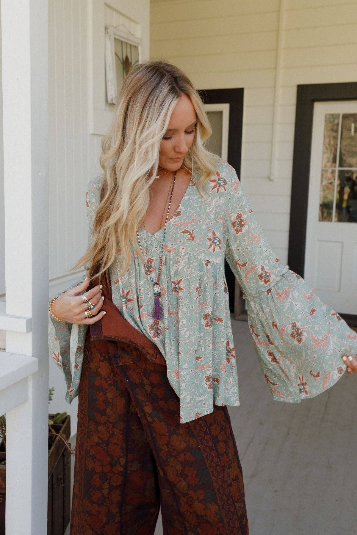 Brea Mixed Print Top - Sage Floral Print: Sage Multi