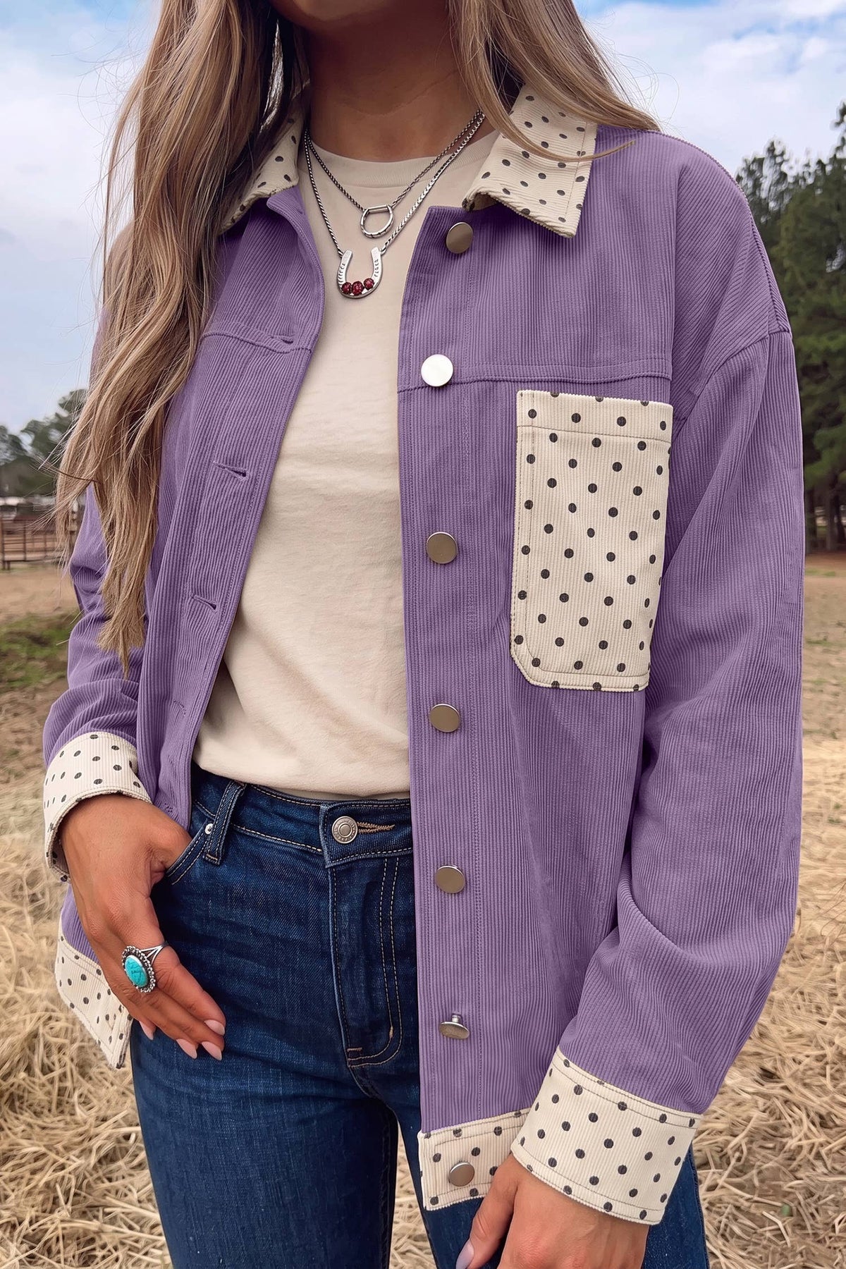 LDC Contrast Polka Dot Patchwork Corduroy Button Shacket