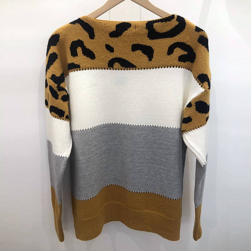 COLOR-MATCHING LEOPARD PRINT CREW NECK SWEATER: PINK / (XL) 1