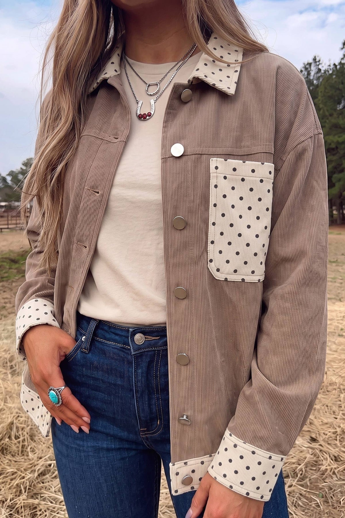 LDC Contrast Polka Dot Patchwork Corduroy Button Shacket