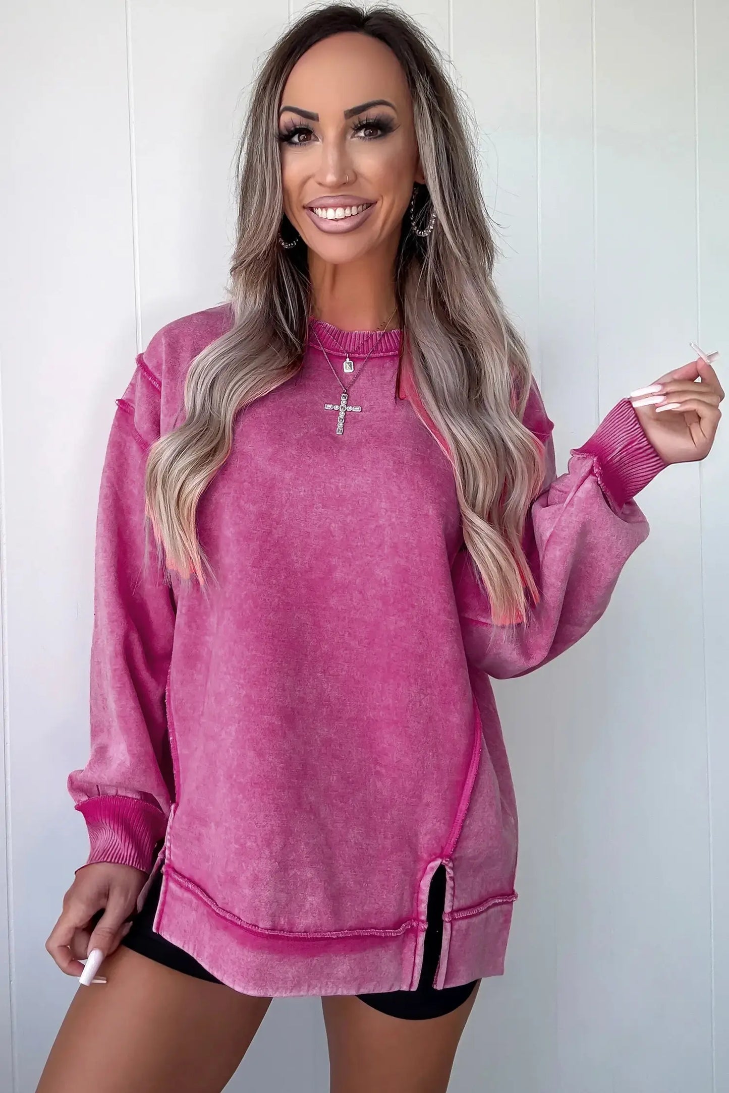 Mineral Wash Exposed Seam Sweatshirt Side Slit Casual Pullover: Red Sandalwood