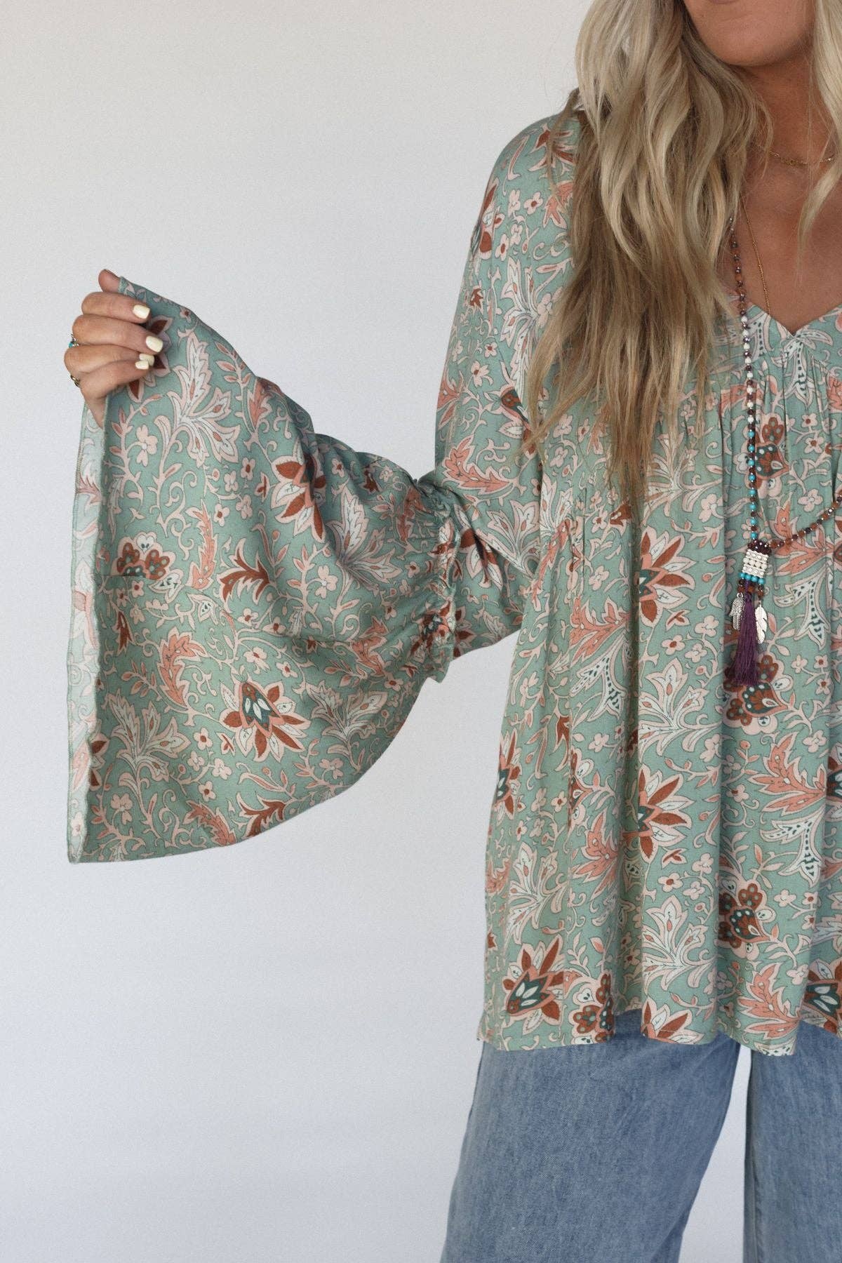 Brea Mixed Print Top - Sage Floral Print: Sage Multi