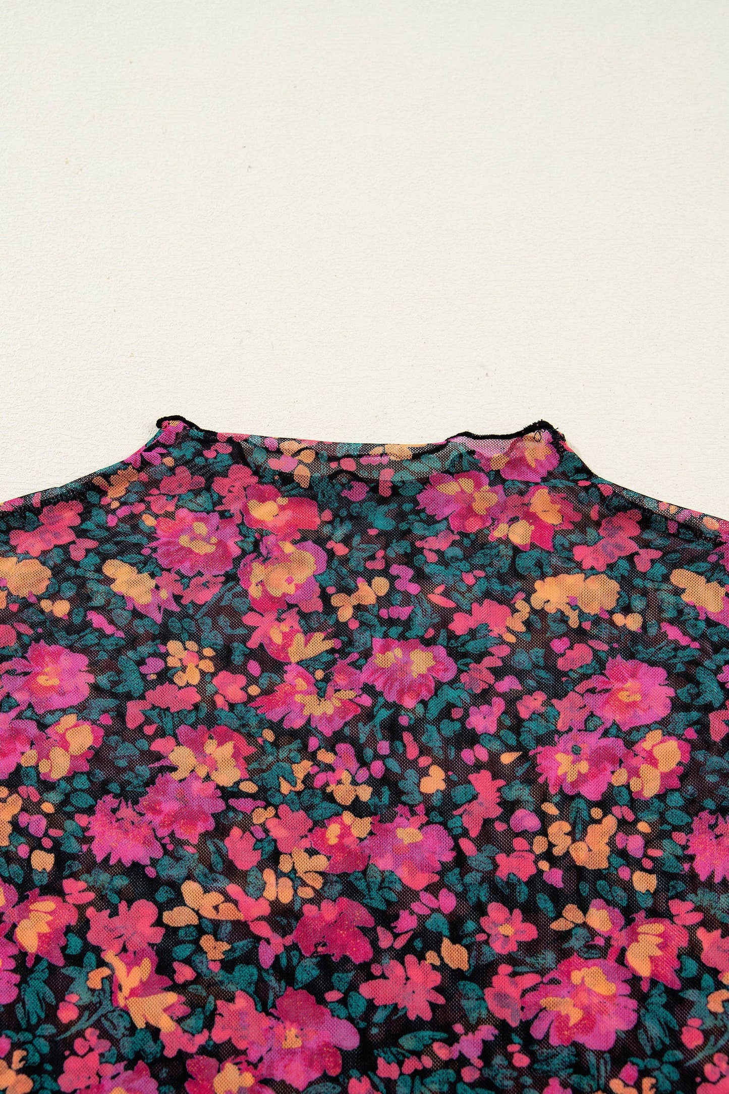 Floral Print Mesh Mock Neck Sheer Slim Fit Blouse (S-4X): Western / L