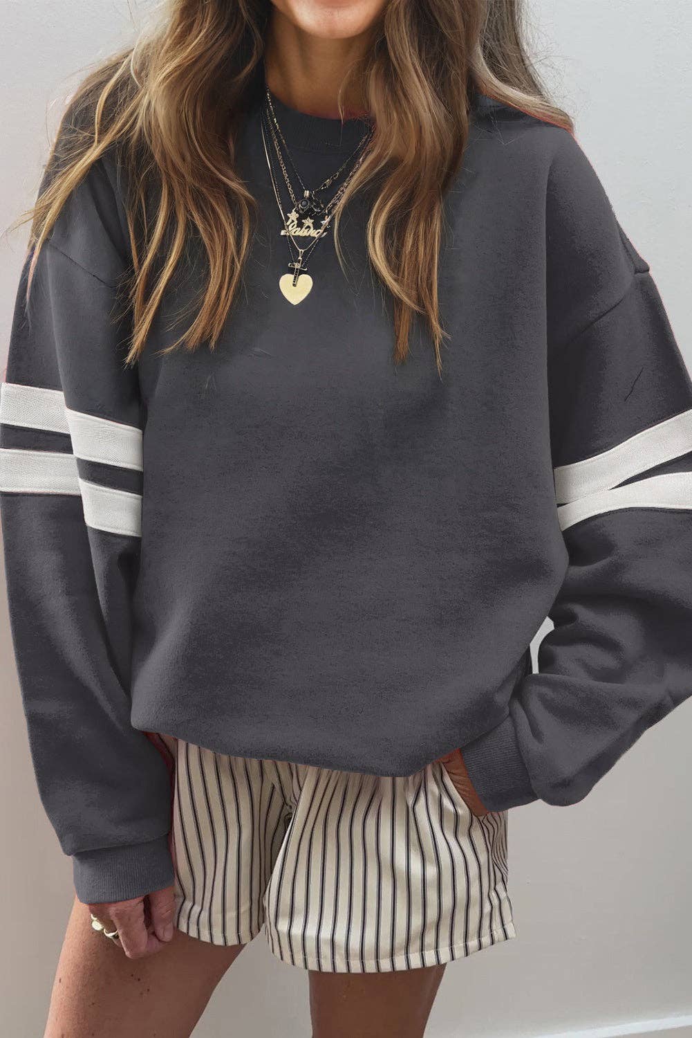 Dark Grey Varsity Striped Detail Drop Shoulder Oversized Sweatshirt: Dark Grey / 65%Polyester+35%Cotton / L