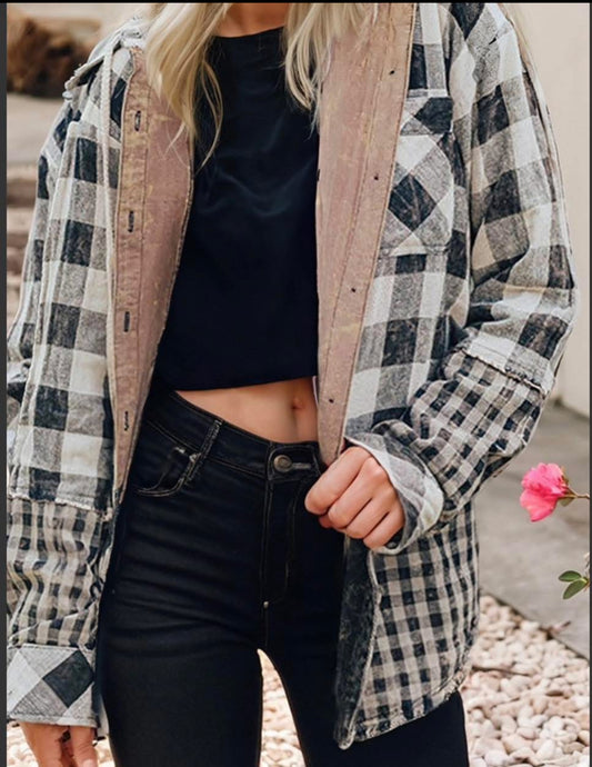 Double plaid patchwork hooded shacket