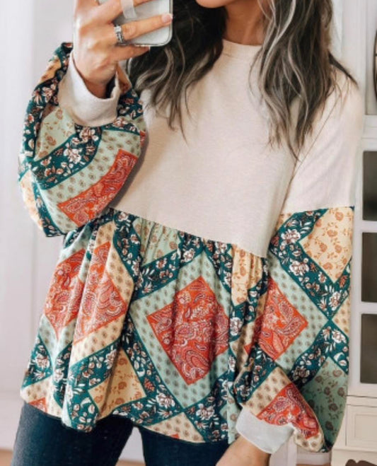 Jet Stream Paisley Geometric Patchwork Crew Neck Loose Fit Top