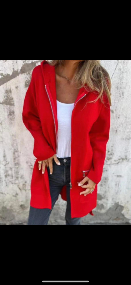 Fiery Red Solid Color Casual Zip up Hooded Coat