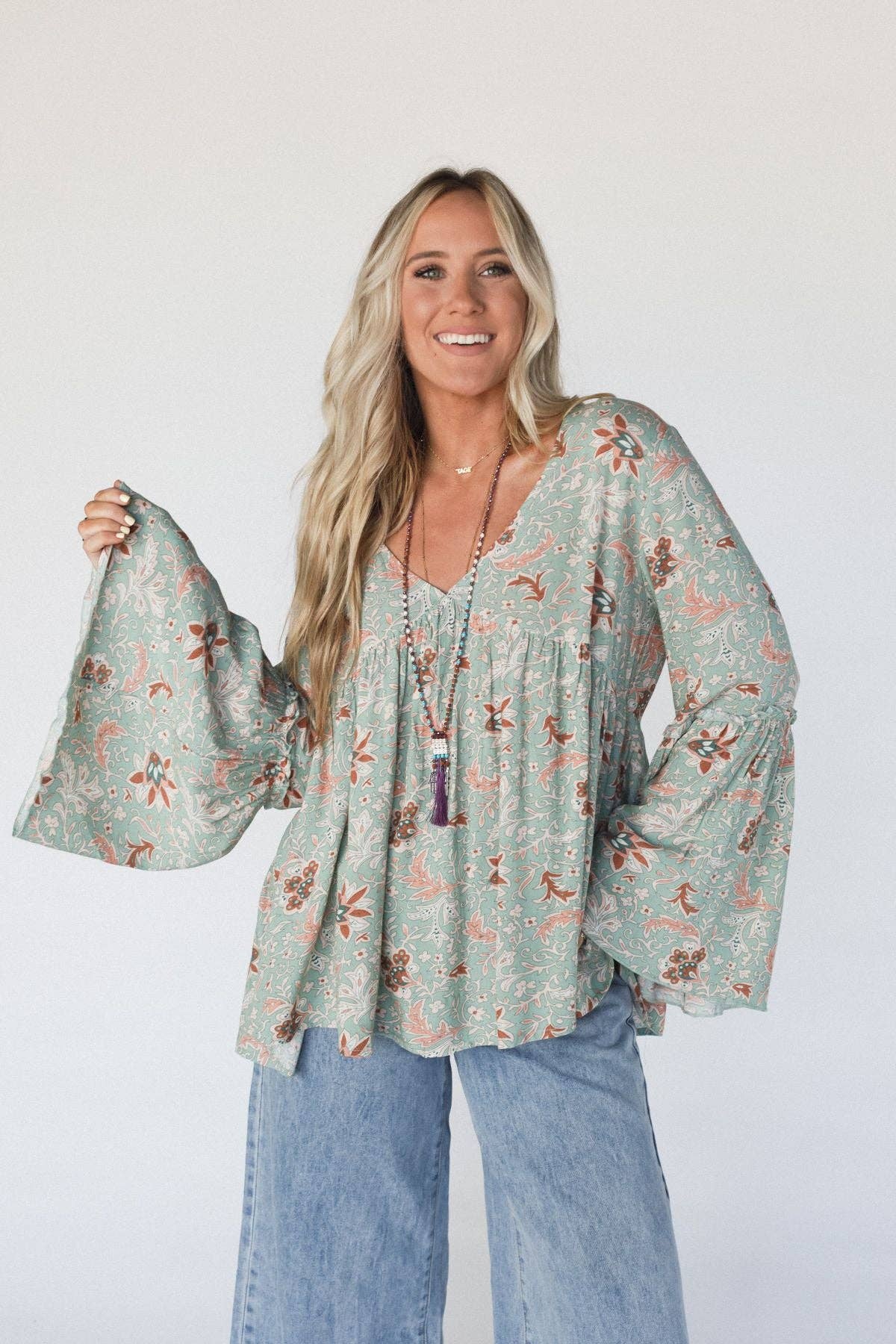 Brea Mixed Print Top - Sage Floral Print: Sage Multi