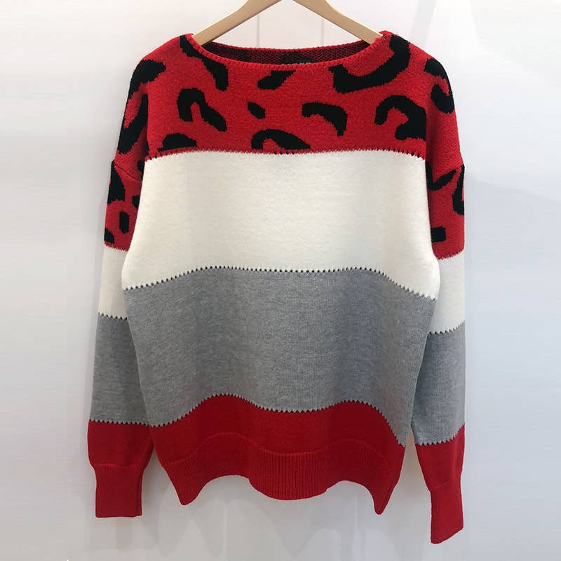 COLOR-MATCHING LEOPARD PRINT CREW NECK SWEATER: PINK / (XL) 1