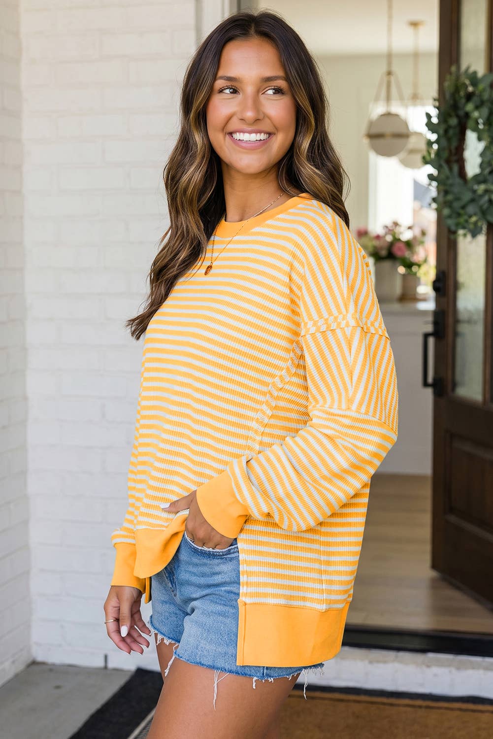 LAS Striped Side Split Casual Pullover (S-XL): Khaki Stripe / L
