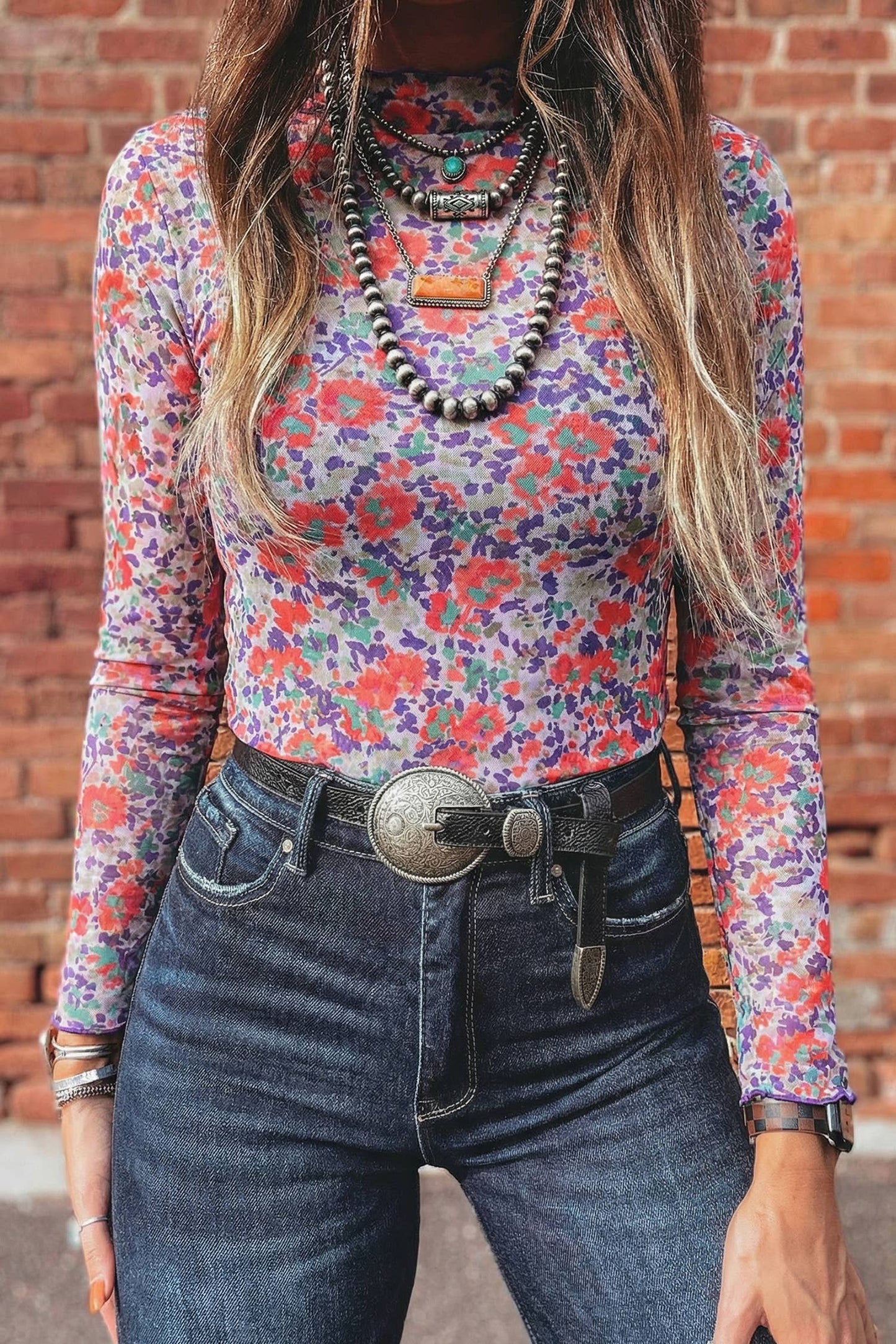 Floral Print Mesh Mock Neck Sheer Slim Fit Blouse (S-4X): Western / M