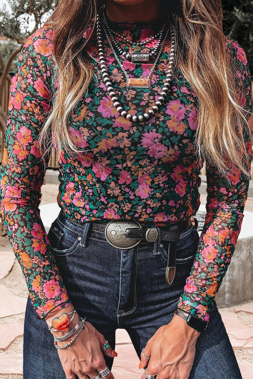 Floral Print Mesh Mock Neck Sheer Slim Fit Blouse (S-4X): Western / S