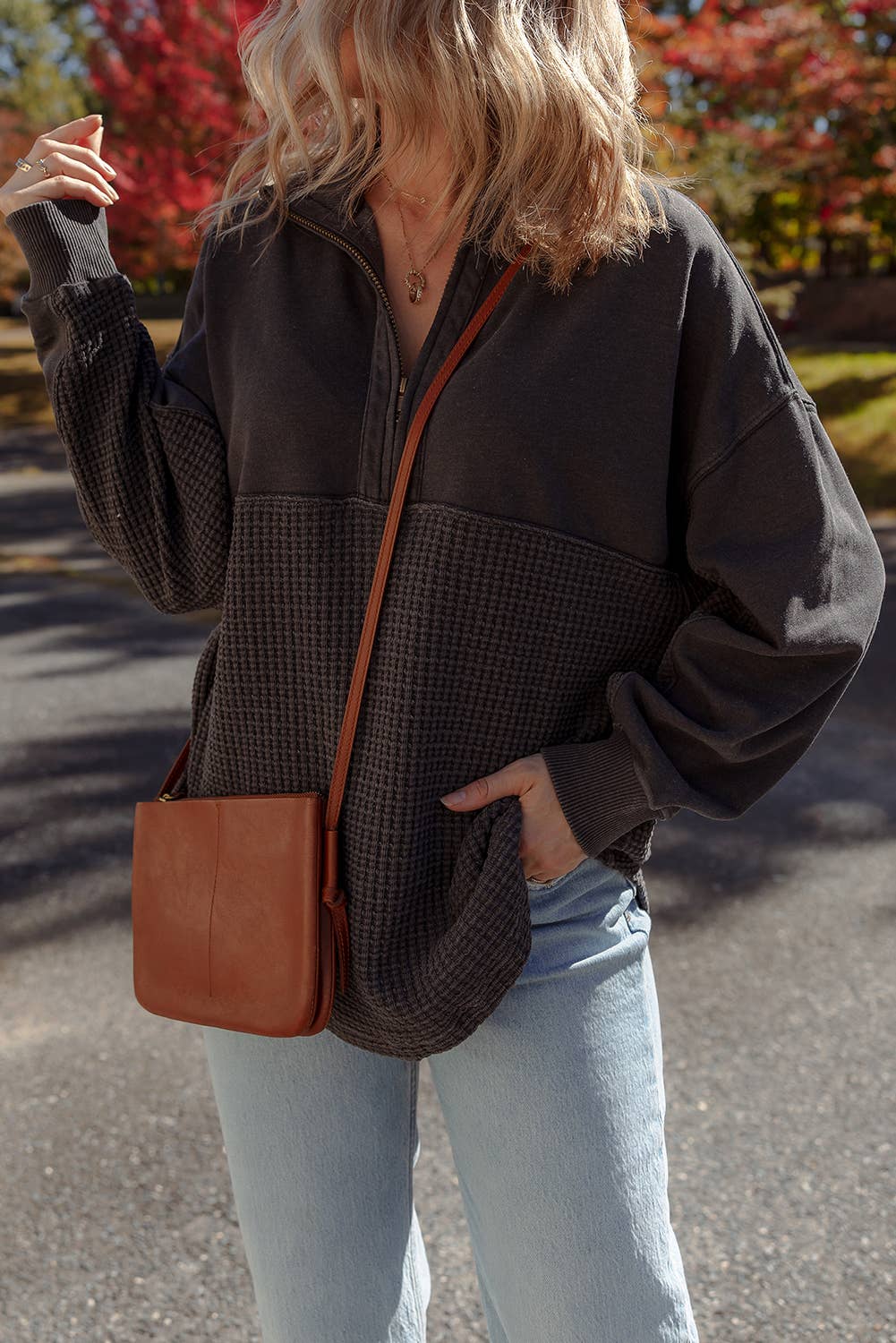 Waffle Textured Patchwork Zip Colloar Sweatshirt