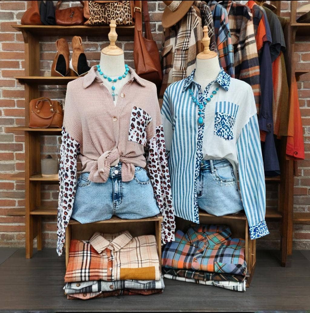 Leopard Striped Western Patchwork Button-up Shirt