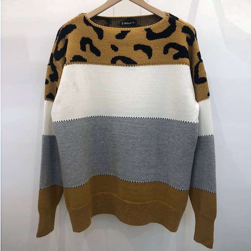 COLOR-MATCHING LEOPARD PRINT CREW NECK SWEATER: PINK / (XL) 1