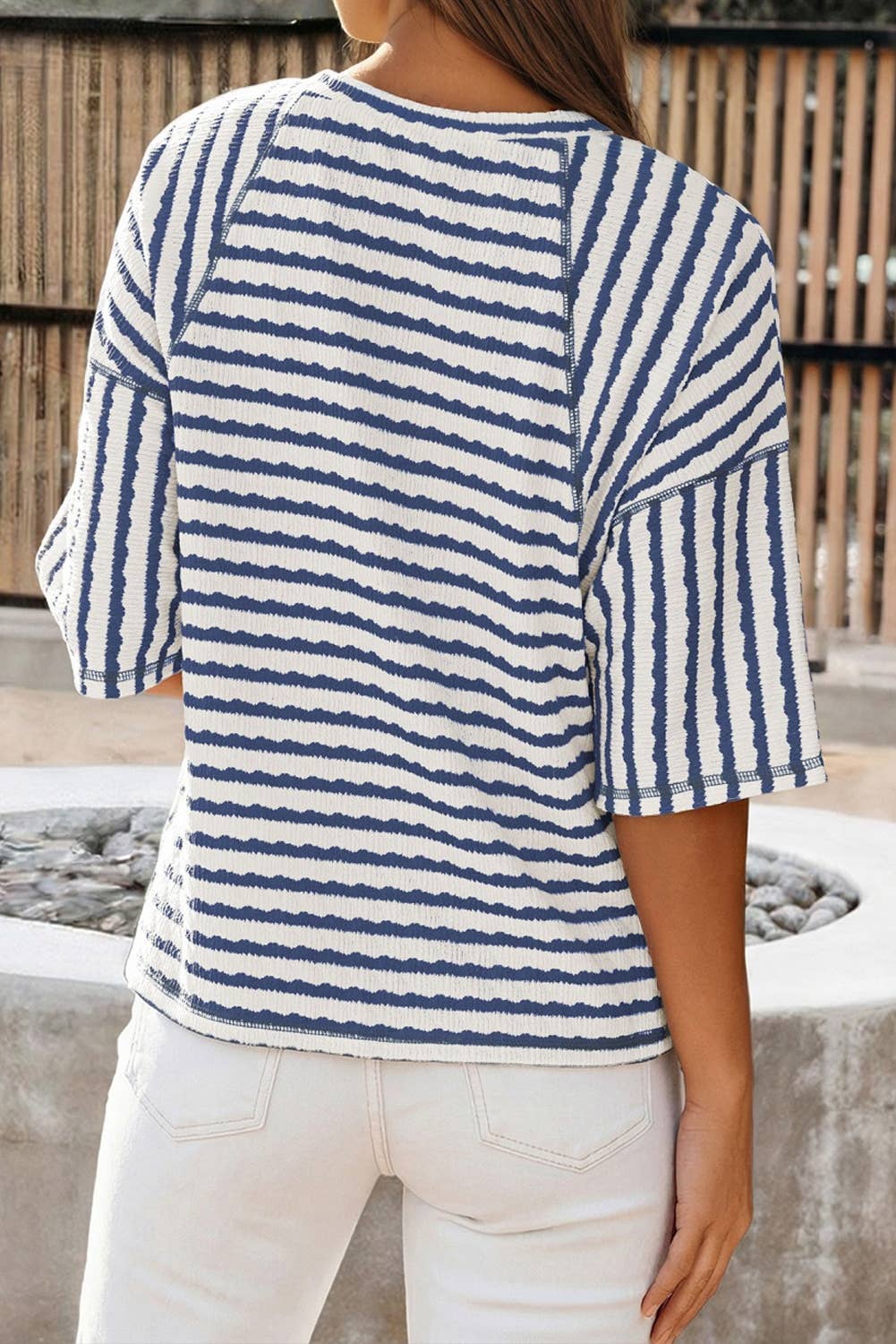 Stripe Textured Knit Split Hem Half Sleeve Loose Top