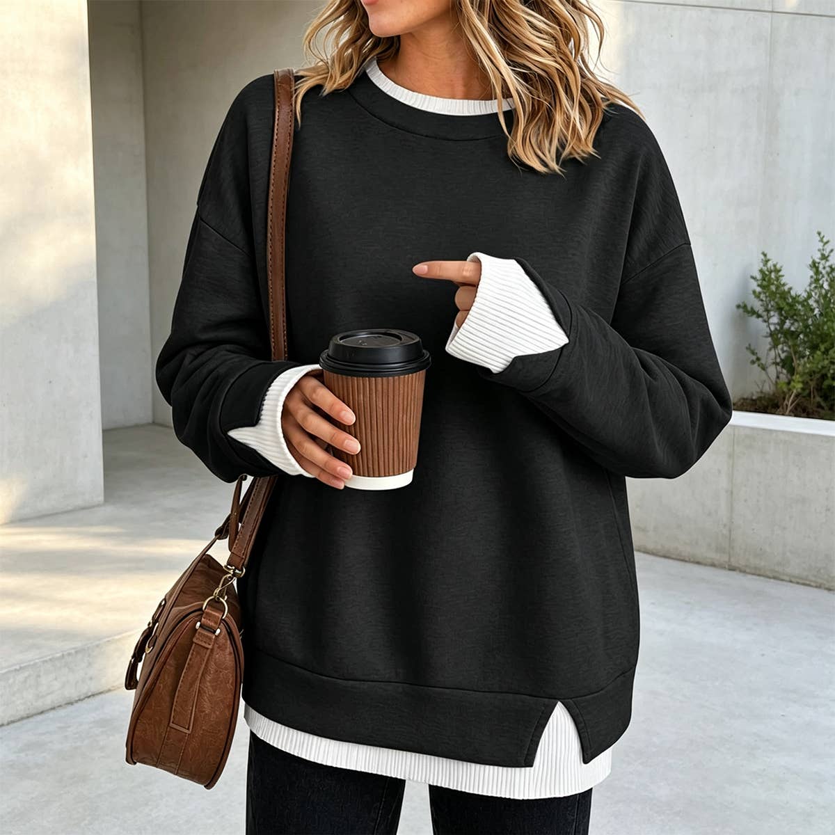 Pullover Sweatshirt, Loose Color Block Crewneck