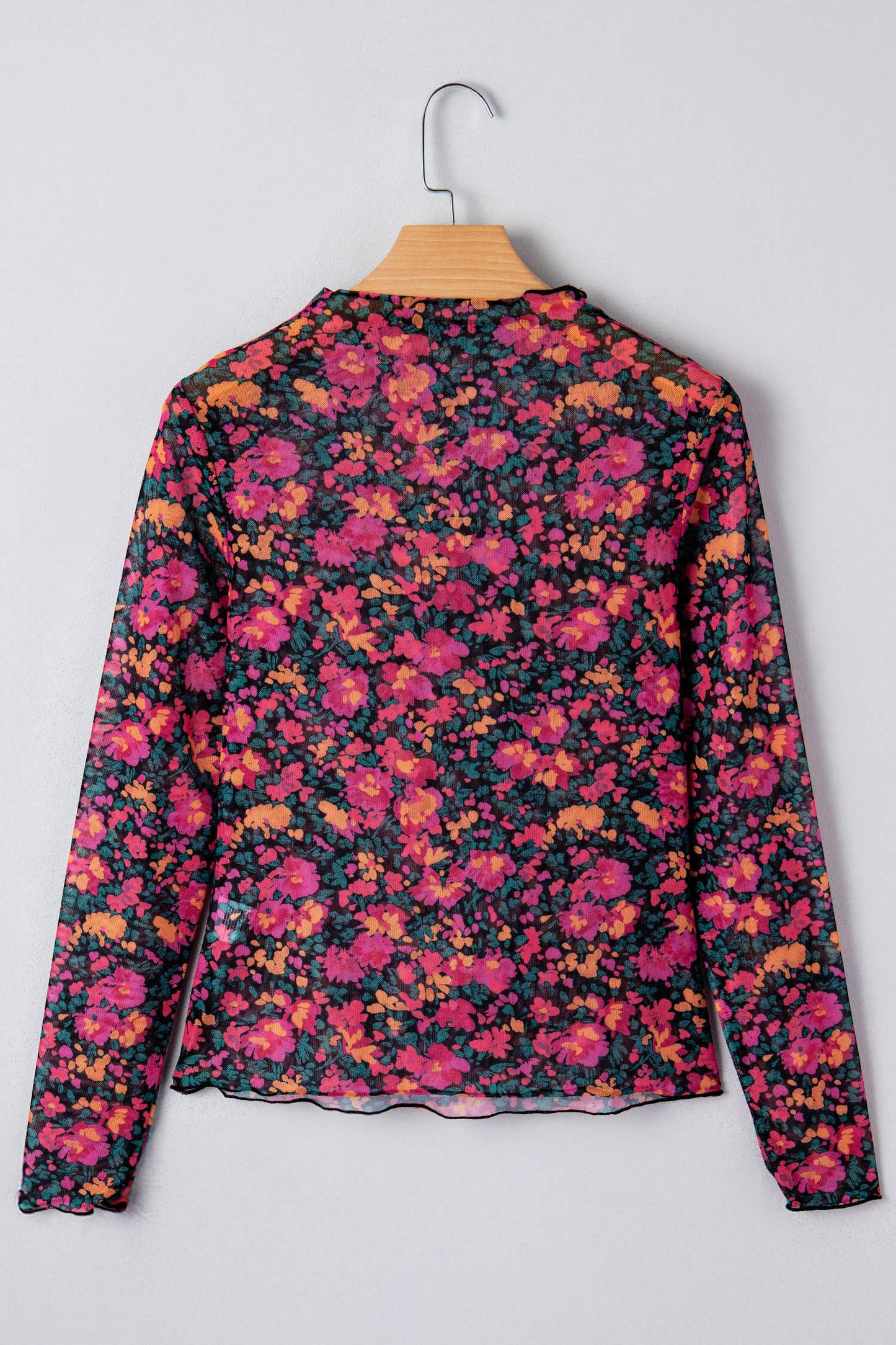 Floral Print Mesh Mock Neck Sheer Slim Fit Blouse (S-4X): Western / M