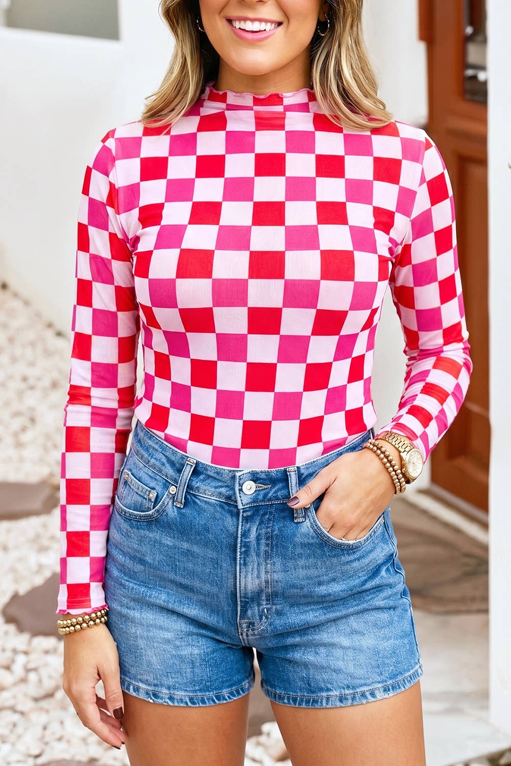 LDC Mesh Sheer Long Sleeve Mock Neck Western Style Blouse: Rose