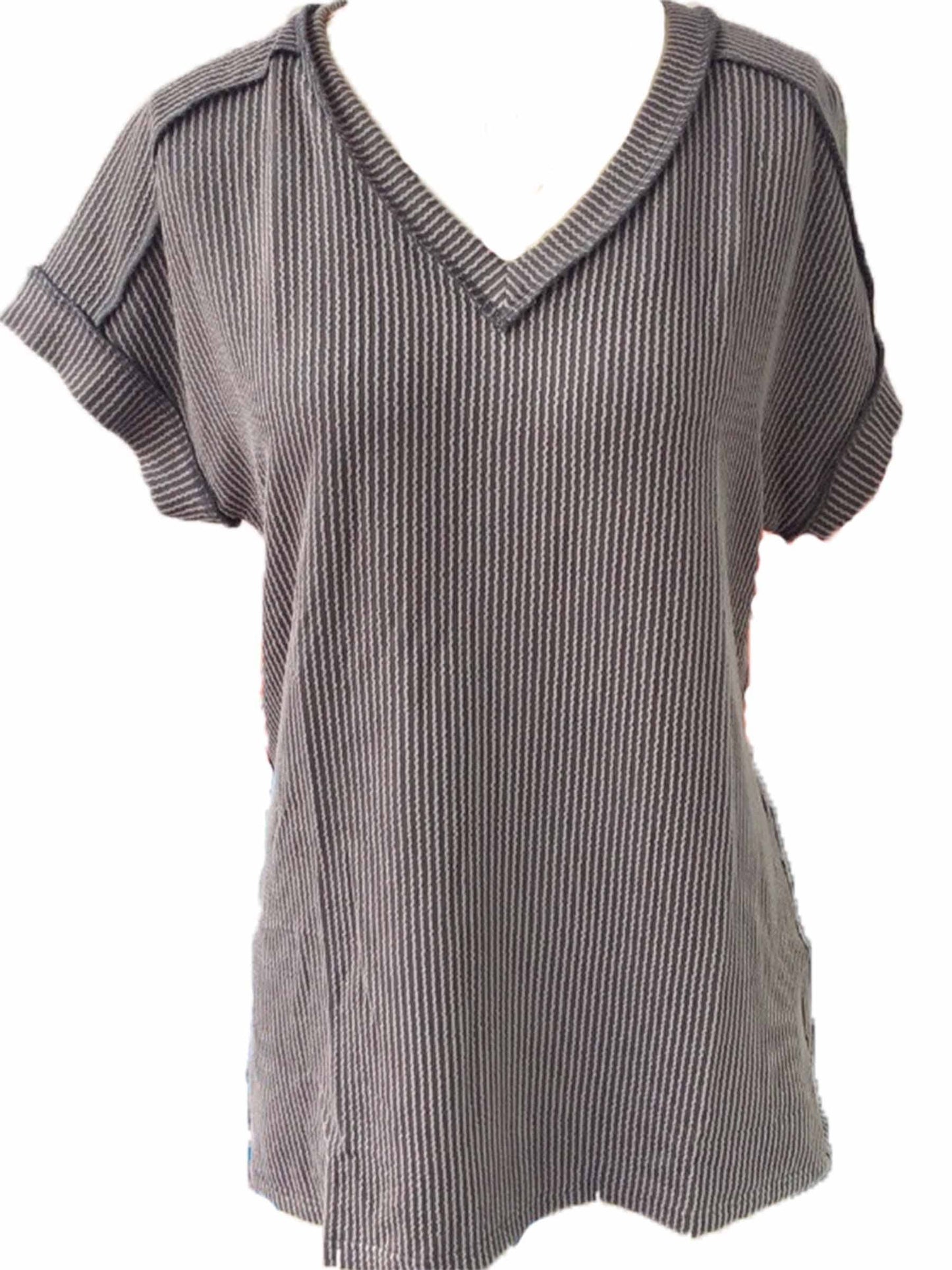Short Sleeved V-neck Top: Gray