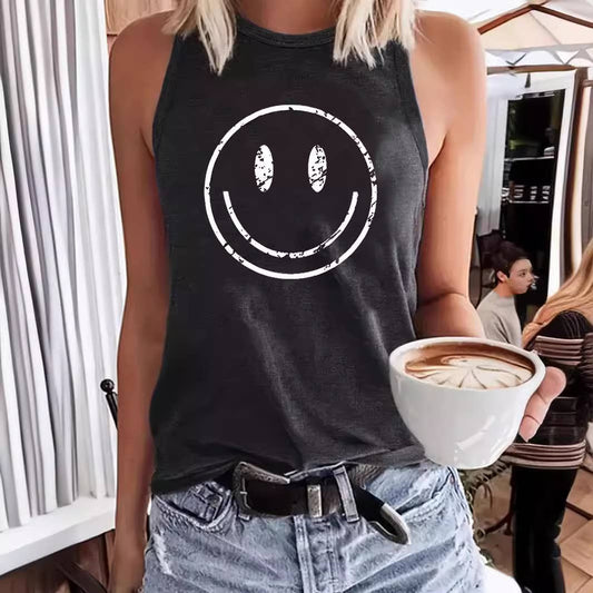 Stylish Smiley Face Print Crewneck Tank Top: DarkGray