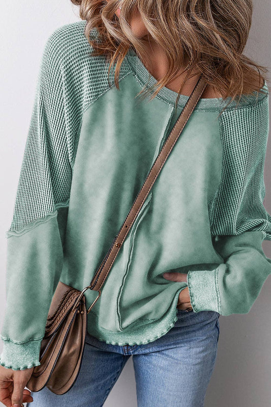 Solid Waffle Knit Patchwork Raglan Sleeve Sweatshirt: Mineral Blue