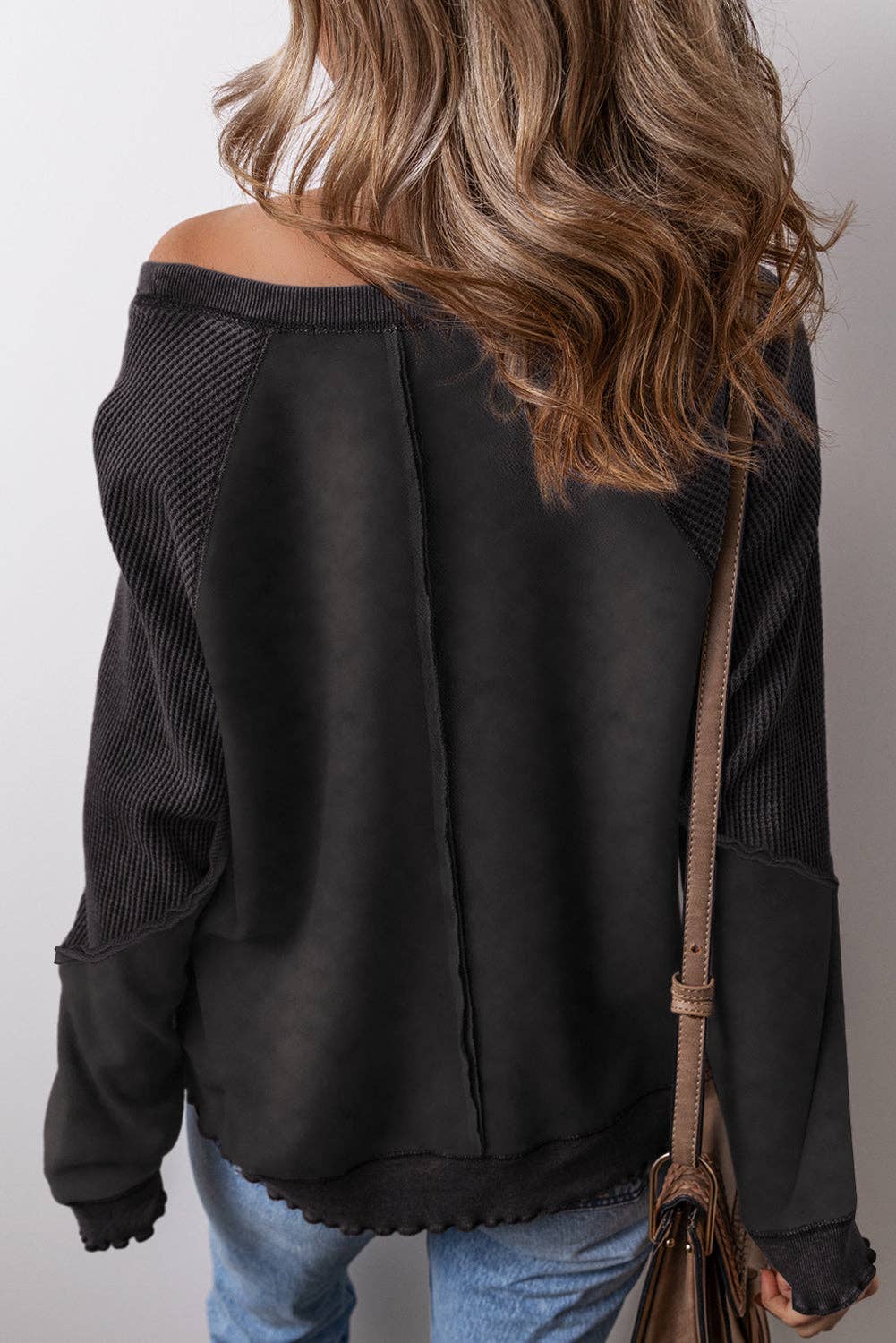 Solid Waffle Knit Patchwork Raglan Sleeve Sweatshirt: Mineral Blue
