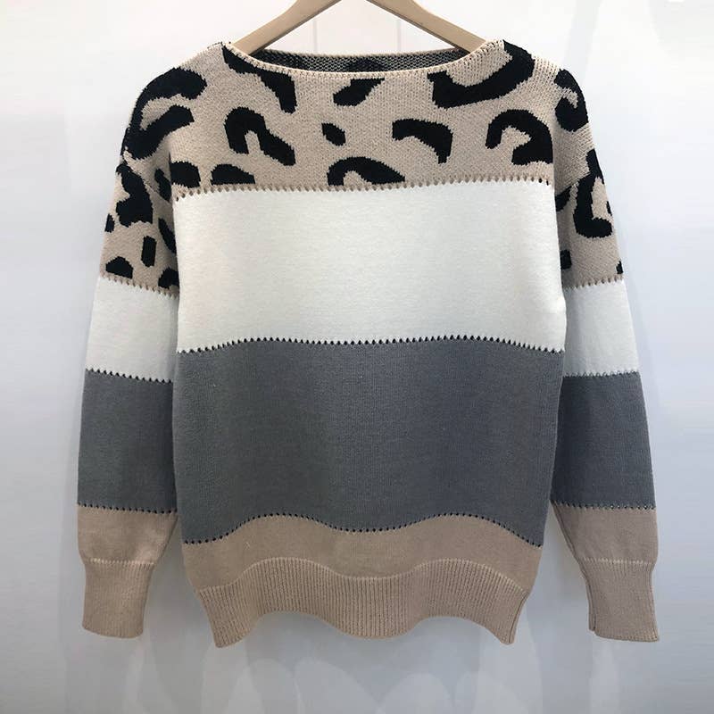 COLOR-MATCHING LEOPARD PRINT CREW NECK SWEATER: PINK / (XL) 1