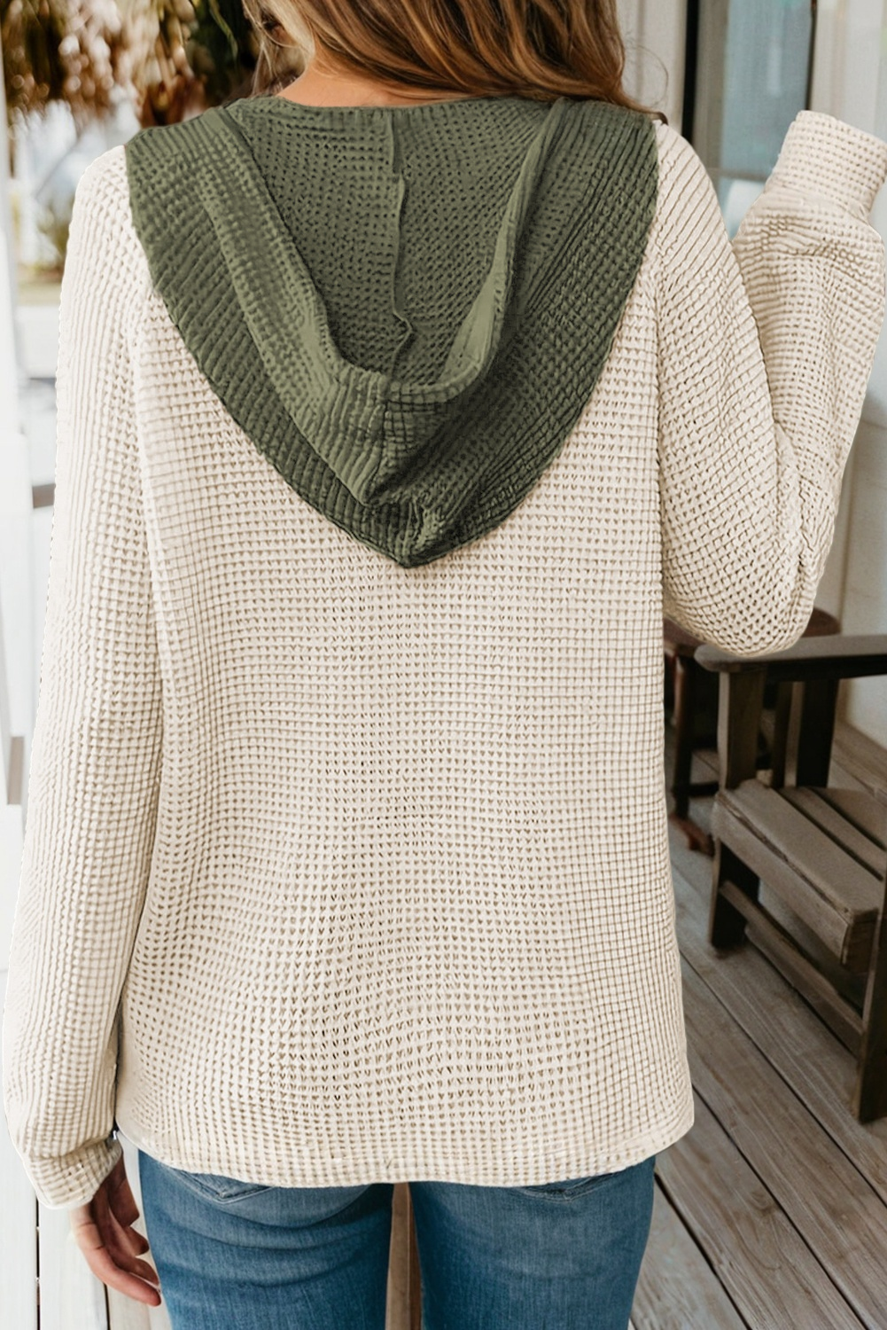 Waffle Contrast Hooded Pullover Top