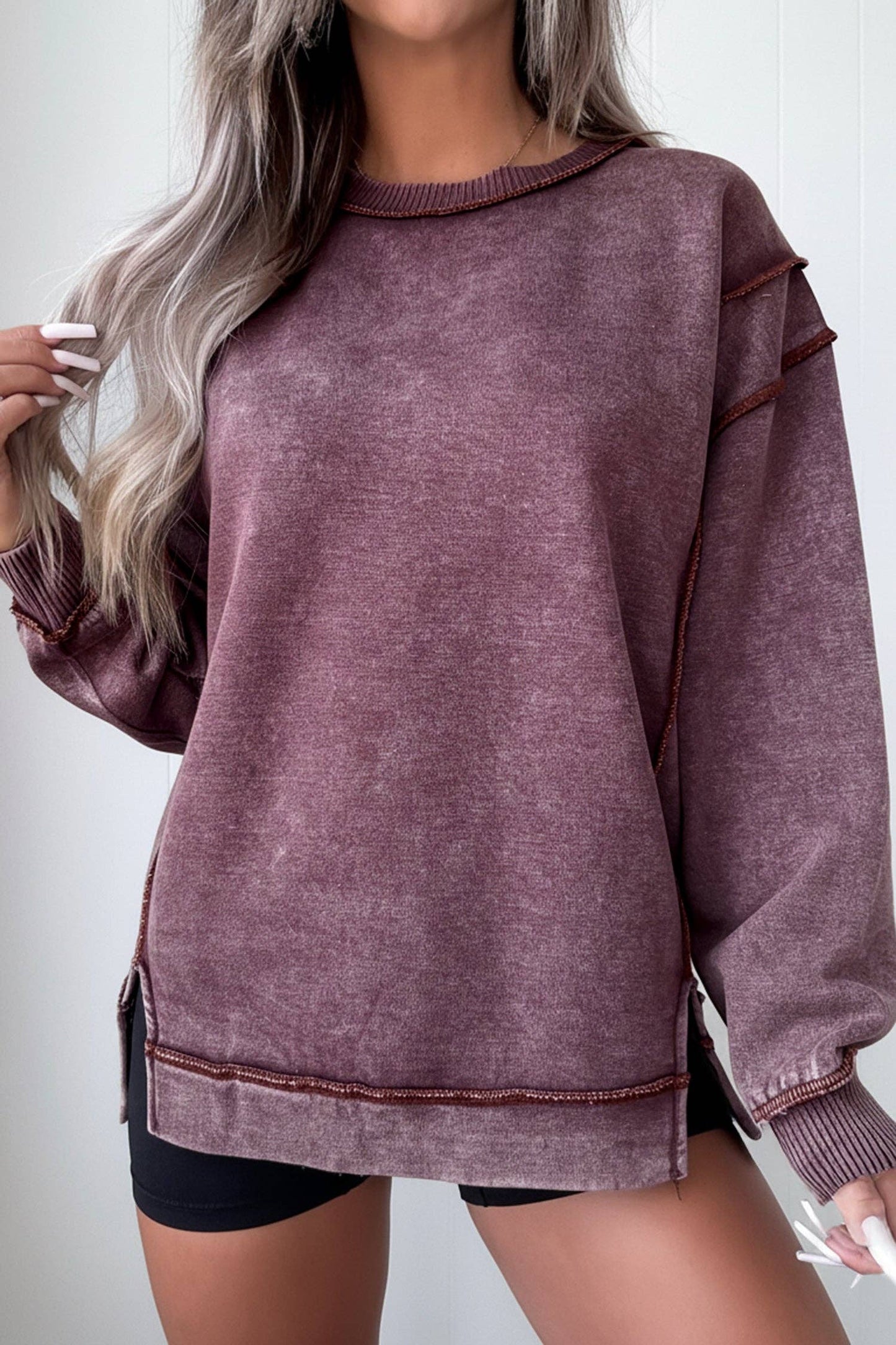 Mineral Wash Exposed Seam Sweatshirt Side Slit Casual Pullover: Red Sandalwood