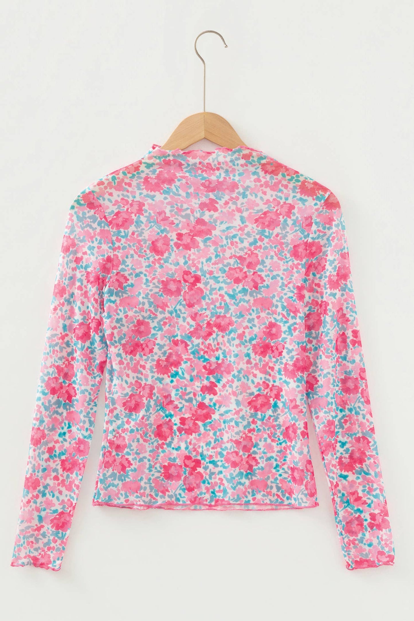 Floral Print Mesh Mock Neck Sheer Slim Fit Blouse (S-4X): Western / L