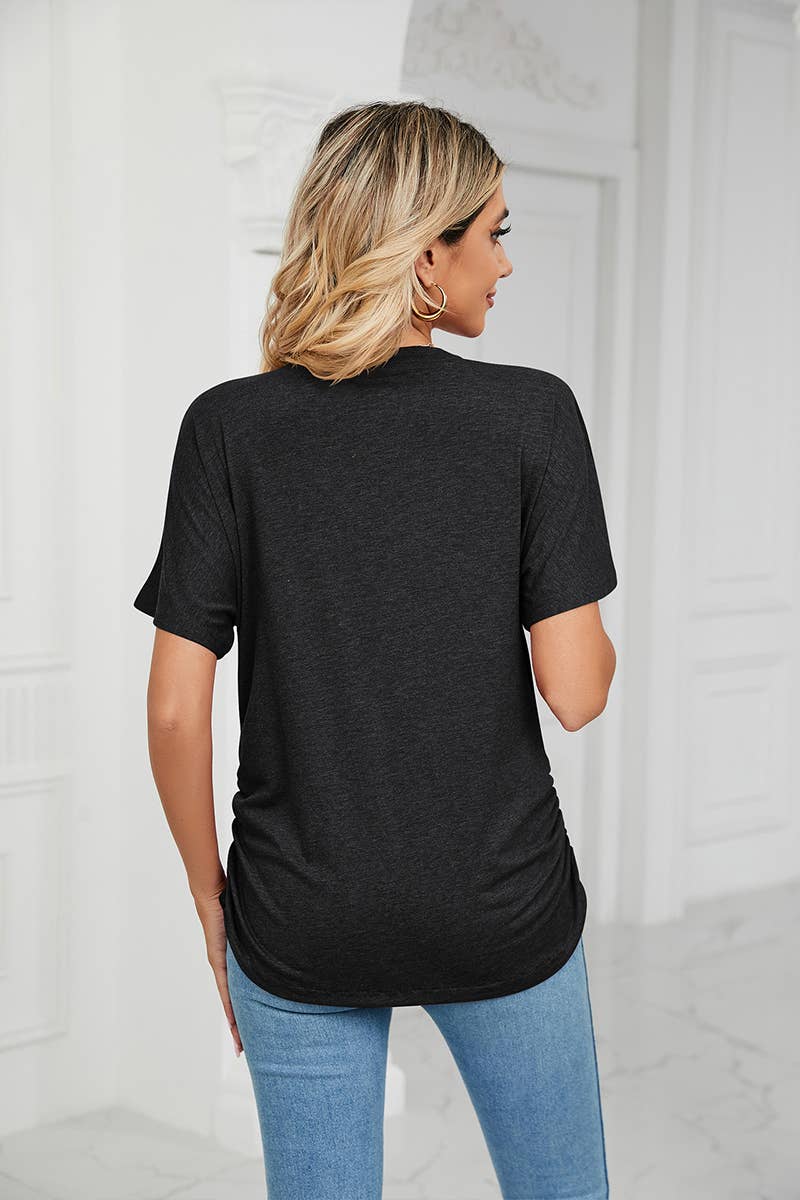 SOLID V NECK SHORT SLEEVE LOOSE TEES